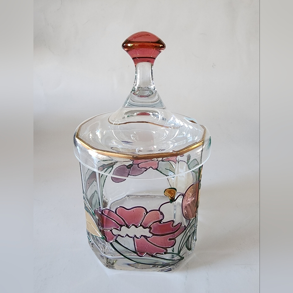 Honey Jar With Lid Blown Glass Hand Painted Floral 
